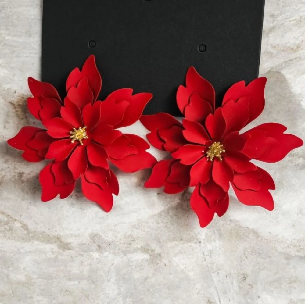 Red Floral Earrings Metal Flower Earrings